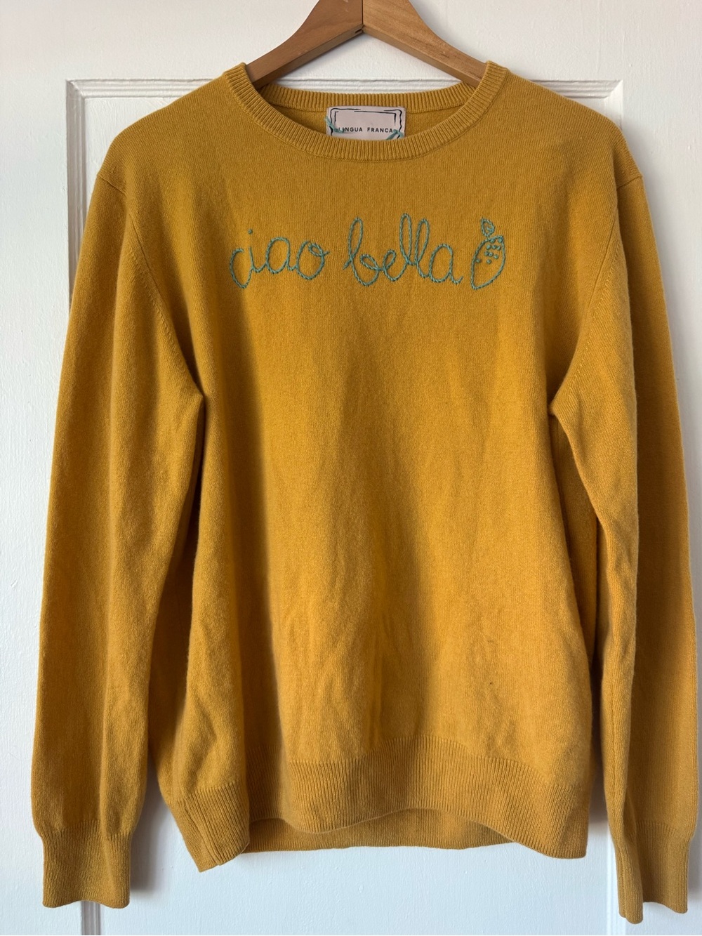 Lingua Franca 100% Cashmere Mustard Crewneck Sweater with 'ciao bella'